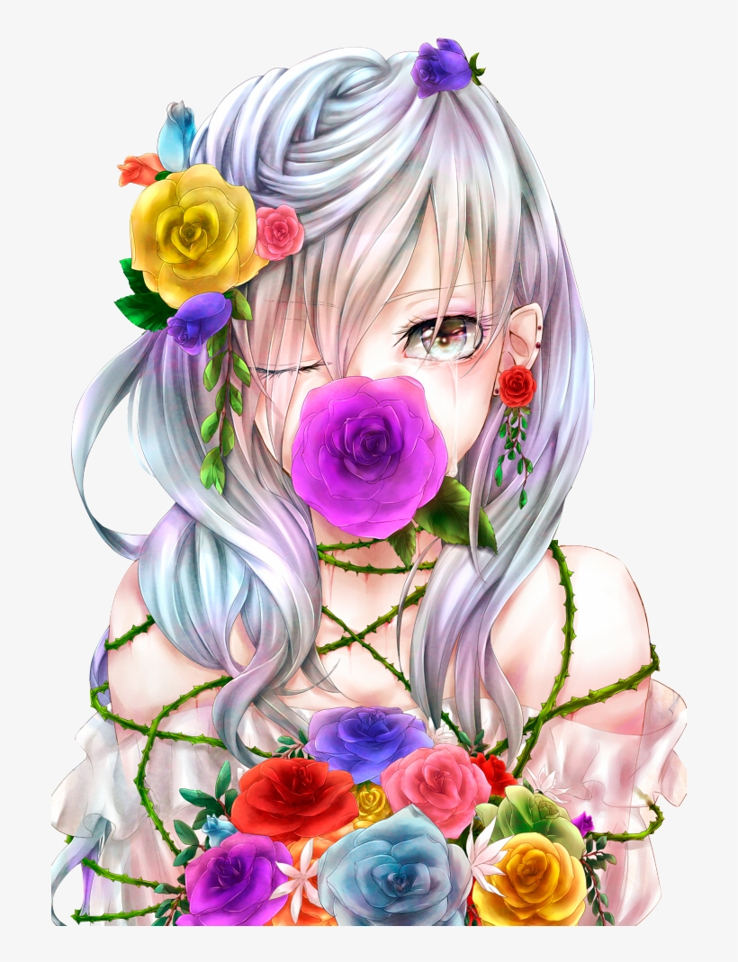 Anime Girl Art Flores By Killerjeff234 On Deviantart - Fille Manga Cheveux Blanc Yeux Violet, transparent png #1165237