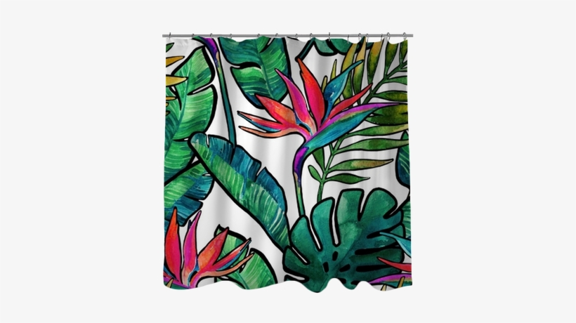 Watercolor Tropical Leaves And Flowers With Contour - Watercolor Painting, transparent png #1285366