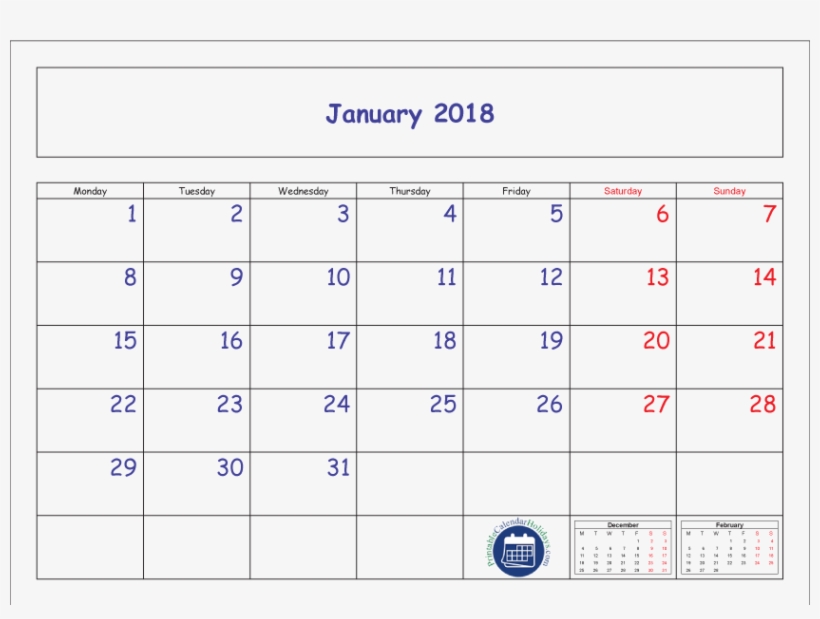 January Calendar 2018 Printable Template Pdf, Jpg - 2018 Calendar ...