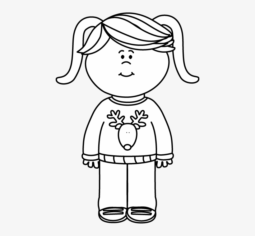 Black And White Girl Wearing A Christmas Sweater Clip Clipart Black And White Girl Free Transparent Png Download Pngkey