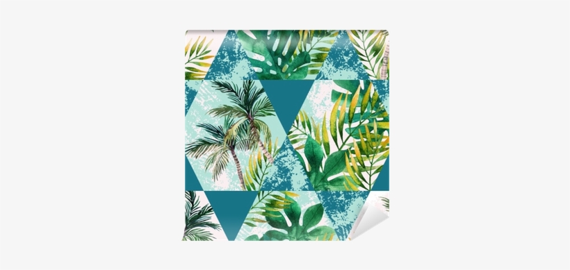 Watercolor Tropical Leaves And Palm Trees In Geometric - Watercolor Painting, transparent png #70614