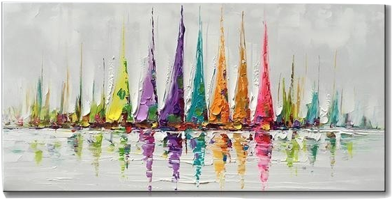 The Colorific Edge - Art Hand Painted Large Canvas Wall Art Colorful Sailboat (596x314), Png Download