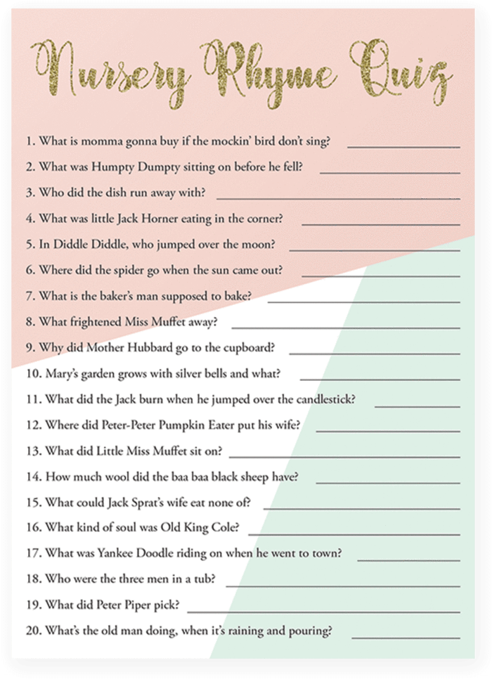 Printable Nursery Rhyme Quiz For Baby Shower By Littlesizzle - Nursery ...