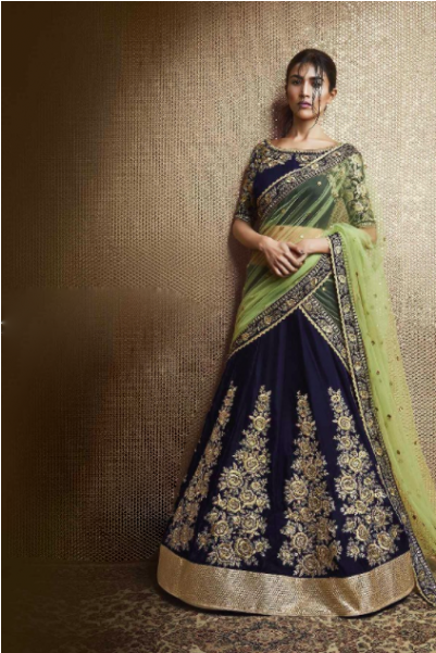 Navy Blue And Green Lehenga (600x600), Png Download