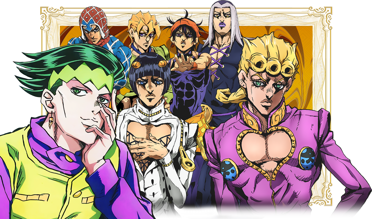 Jojo части. Джоджо команда Буччеллати. Голден Винг Джоджо. Jojo's bizarre Adventure 5 часть. Команда Джоджо 5 сезон.