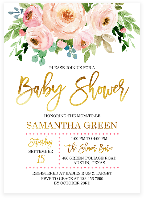 Pink And Gold Floral Baby Shower Invitation Printable - Flower Pink And