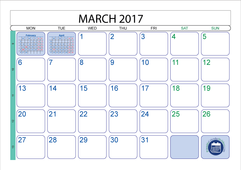 Download March 2017 Calendar With Holidays Printable Piazza Dei