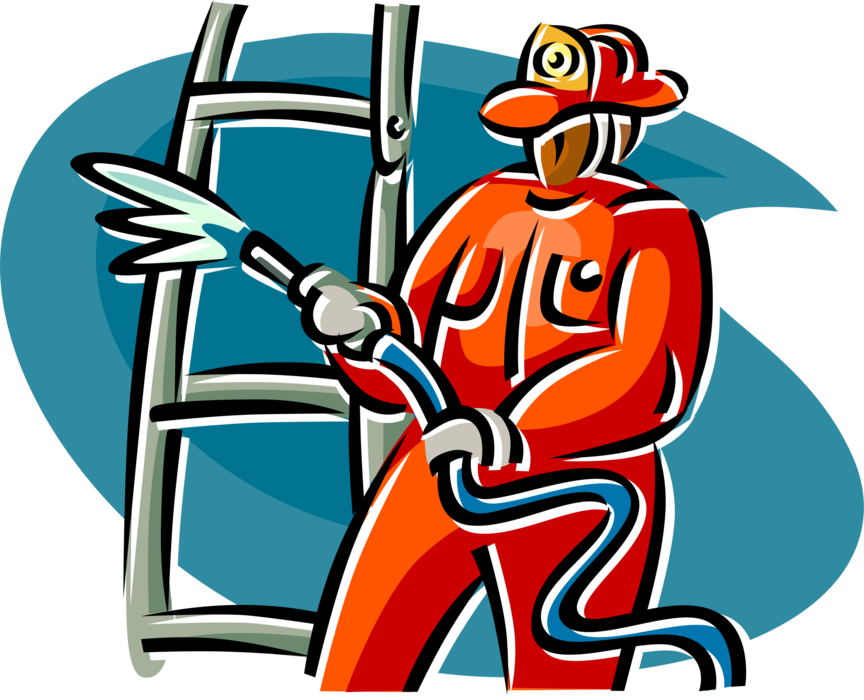 Vector Illustration Of Firefighter Fights Fire With - Clip Art (864x700), Png Download